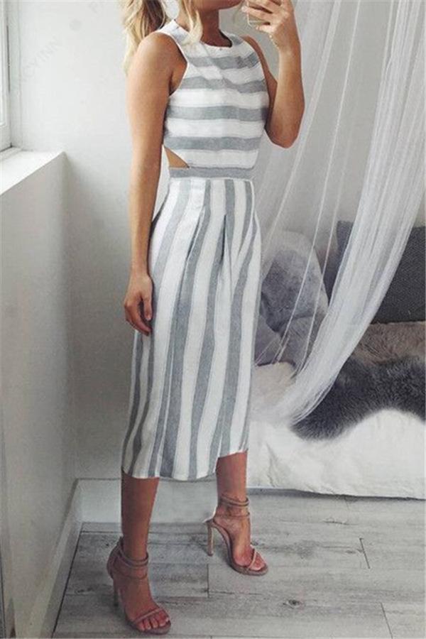 Casual Striped Wide Leg Jumpsuit Jumpsuits & Rompers chicnico 