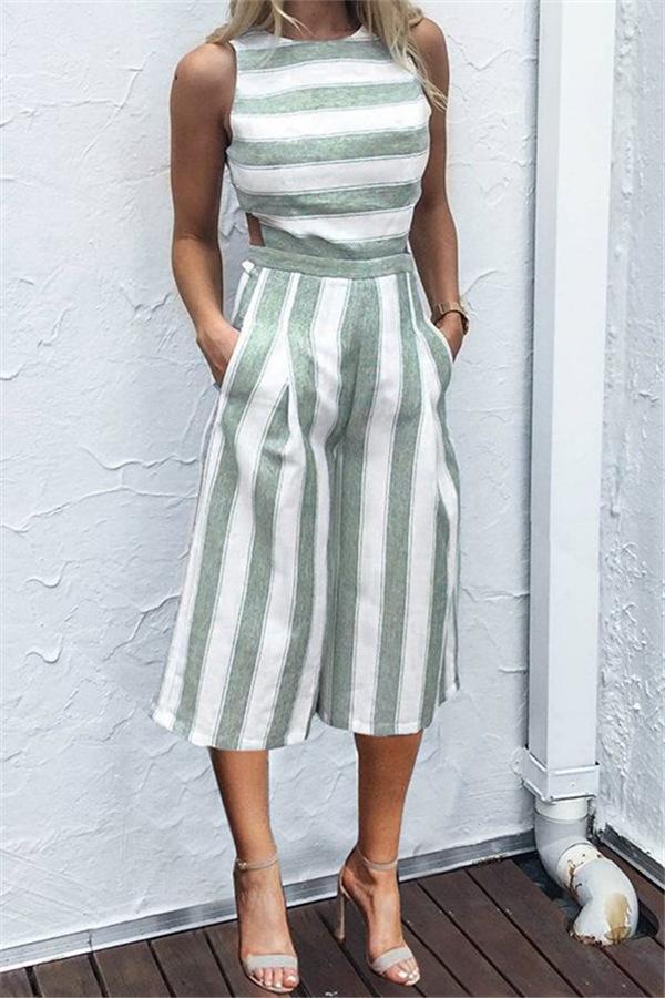 Casual Striped Wide Leg Jumpsuit Jumpsuits & Rompers chicnico S Green 