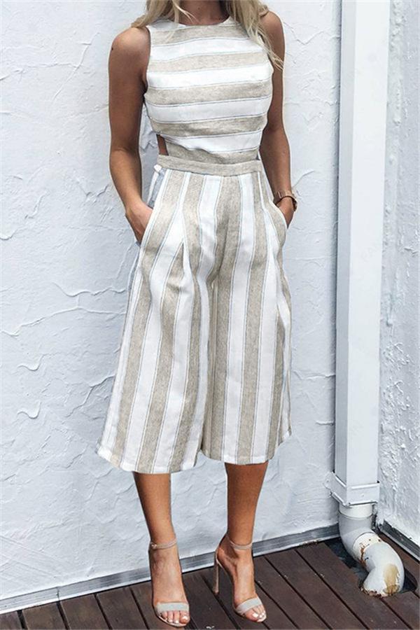 Casual Striped Wide Leg Jumpsuit Jumpsuits & Rompers chicnico S Khaki 