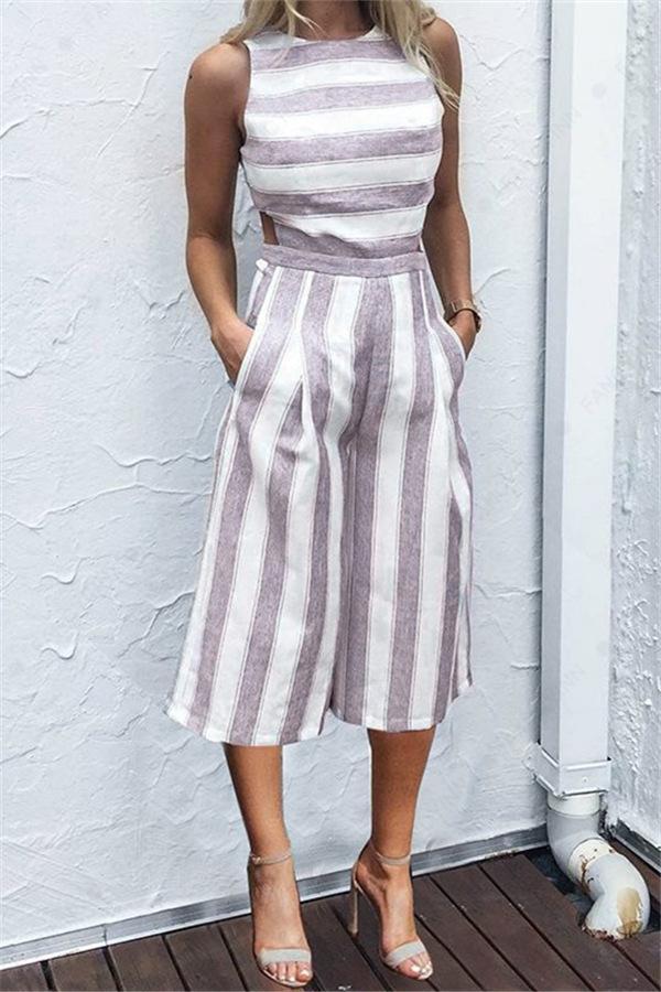 Casual Striped Wide Leg Jumpsuit Jumpsuits & Rompers chicnico S Purple 