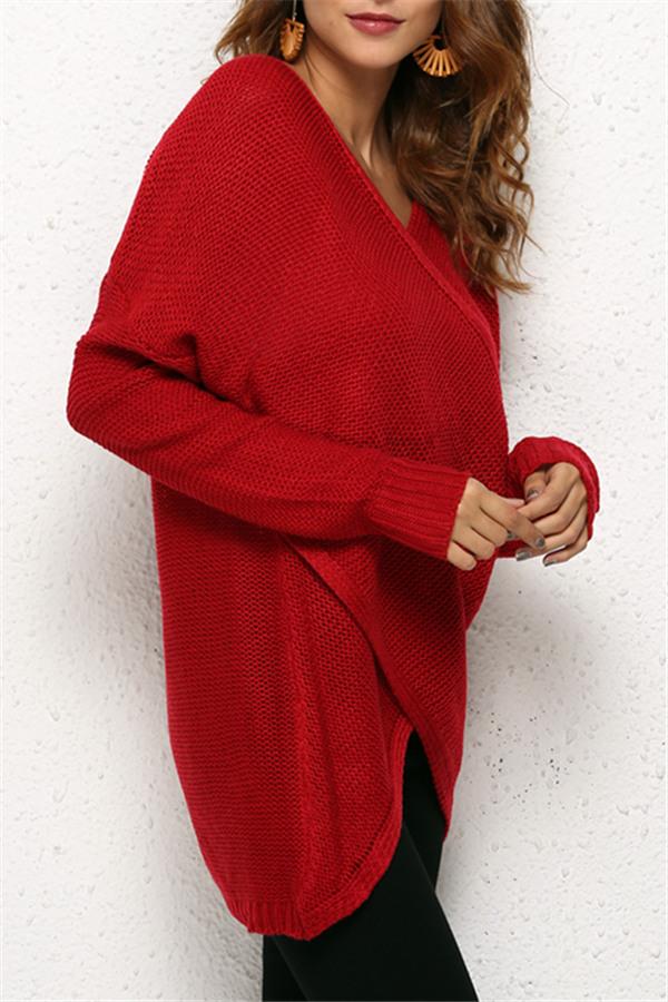 Casual V Neck Front Cross Weekend Sweater - Red Pullover VICI 