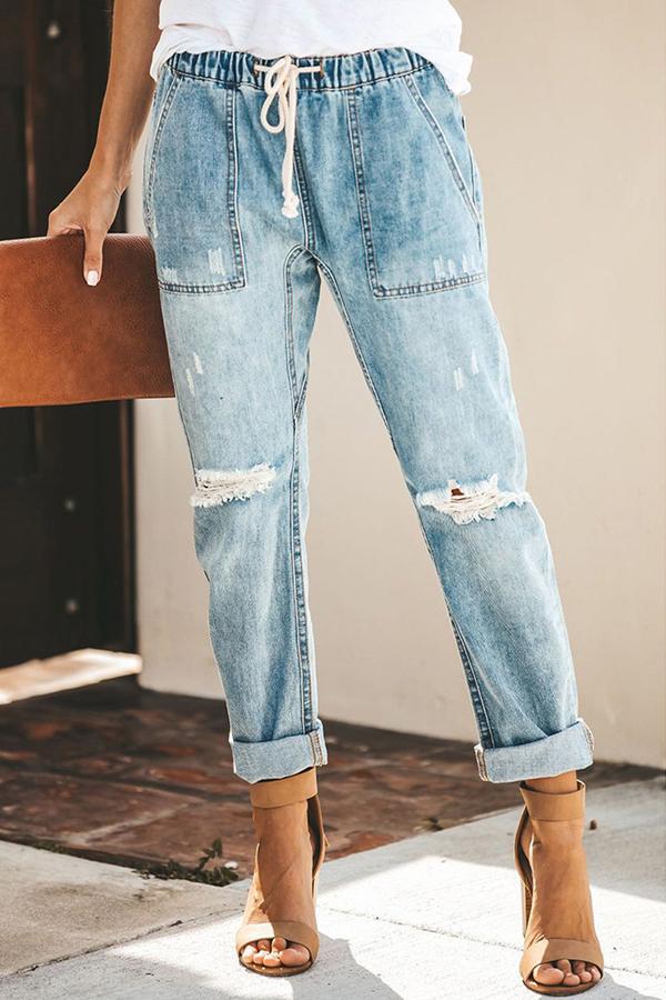 Elastic Waist Jeans Straight Pants Pants 5201905080500 lightblue L 