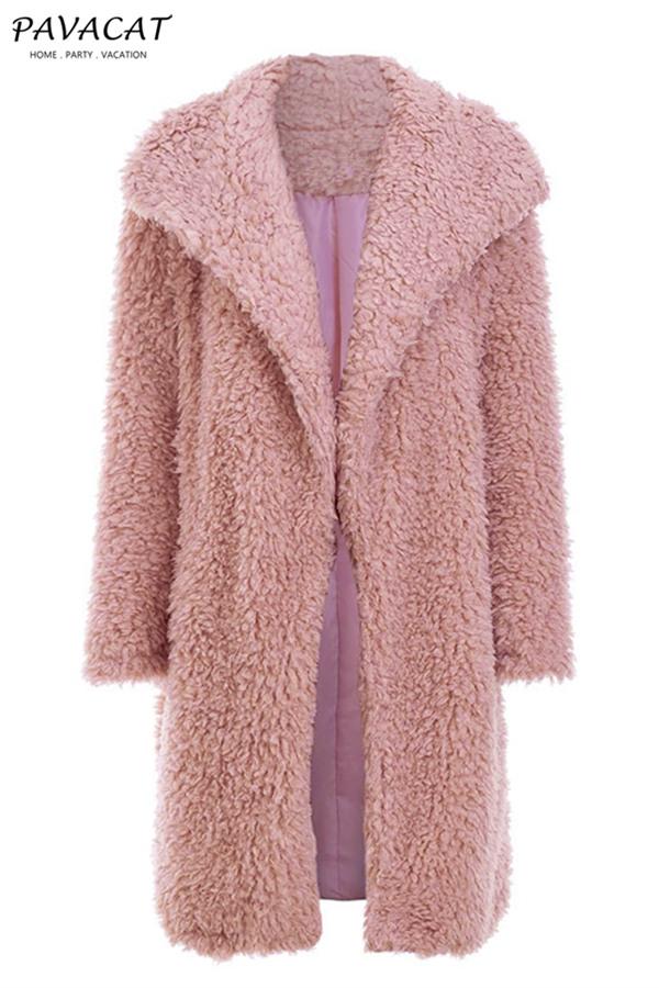 Elegant Pink Long Faux Fur Coat Coat Simplee 