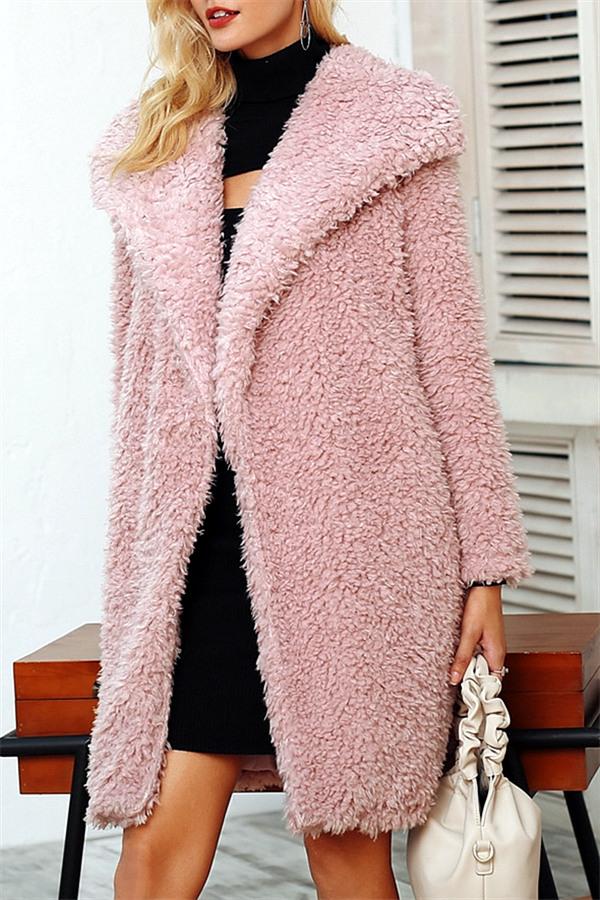 Elegant Pink Long Faux Fur Coat Coat Simplee 