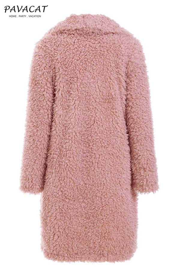 Elegant Pink Long Faux Fur Coat Coat Simplee 