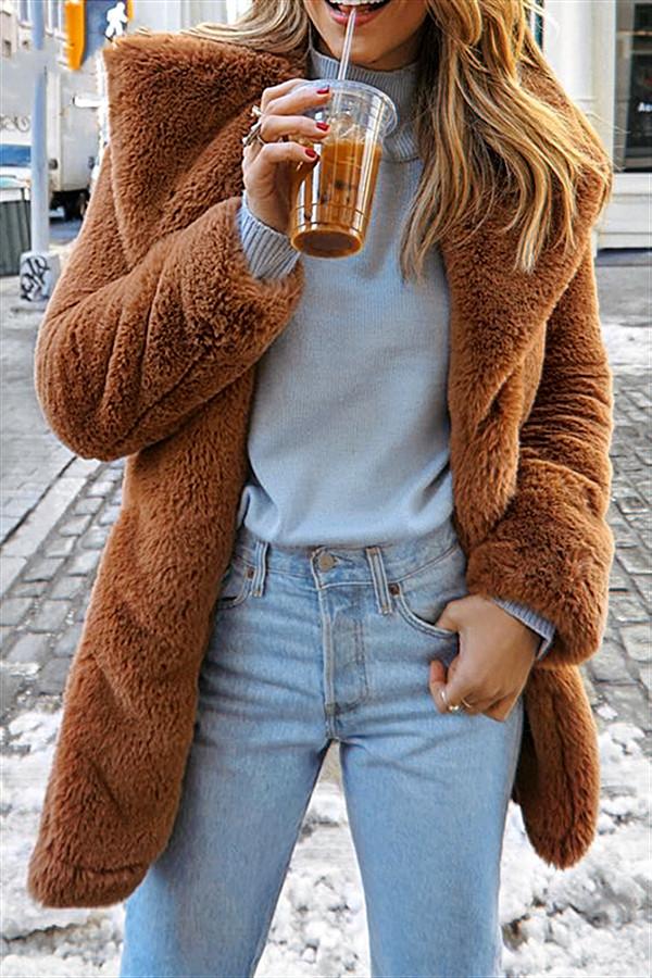 Elegant Shaggy Faux Fur Teddy Coat - Brown Coat Simplee 