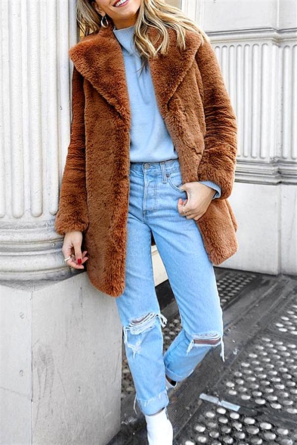 Elegant Shaggy Faux Fur Teddy Coat - Brown Coat Simplee 