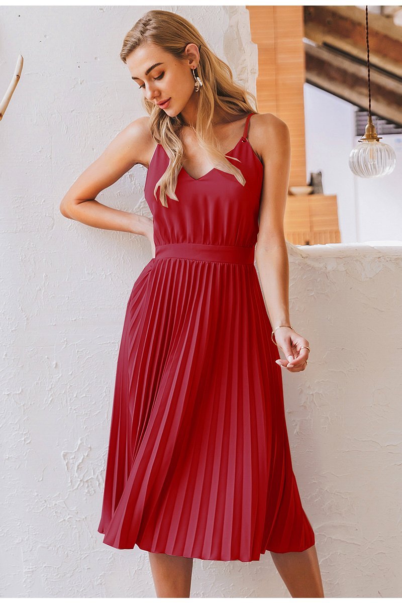 Elegant Spaghetti Strap Pleated Dress - Pavacat