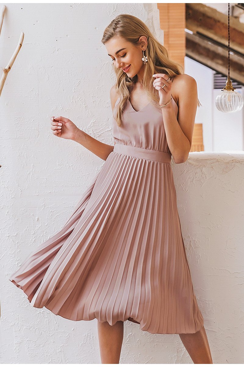 Elegant Spaghetti Strap Pleated Dress - Pavacat