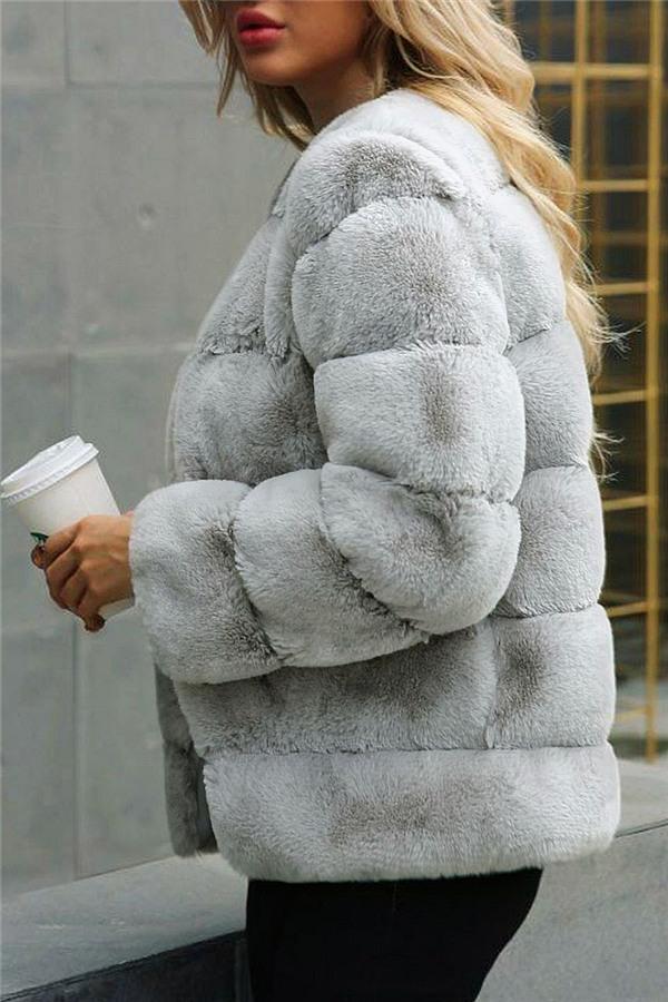 Elegant Thick Fluffy Faux Fur Coat - Light Gray Coat Simplee 