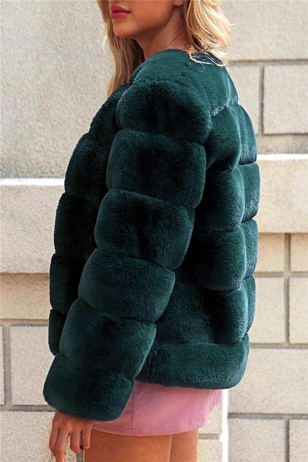 Elegant Thick Fluffy Faux Fur Coat - Dark Green Coat Simplee 