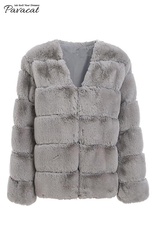 Elegant Thick Fluffy Faux Fur Coat - Light Gray Coat Simplee 