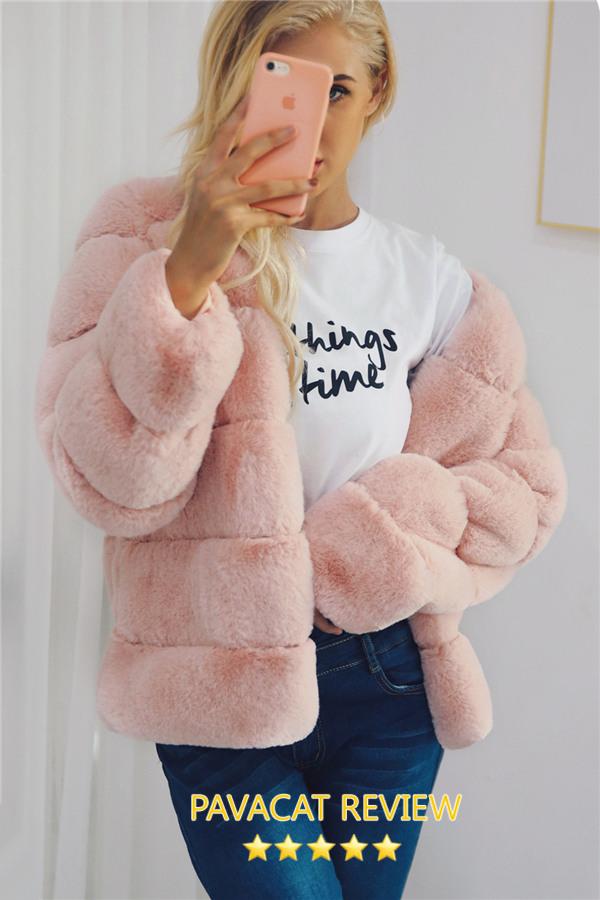 Elegant Thick Fluffy Faux Fur Coat - Pink Coat Simplee 