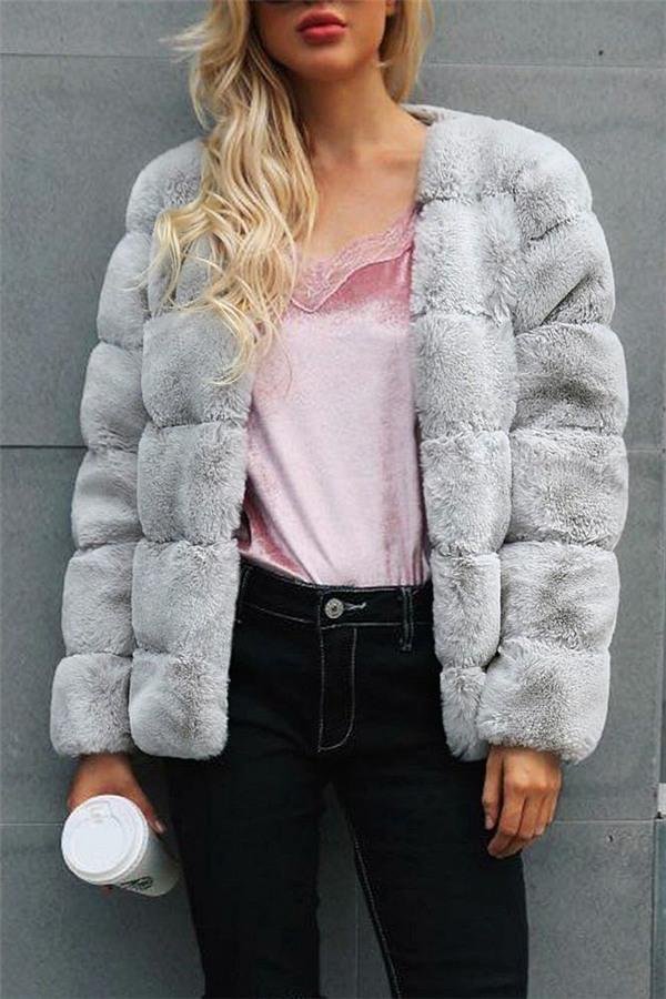 Elegant Thick Fluffy Faux Fur Coat Coat Simplee S Lightgray 