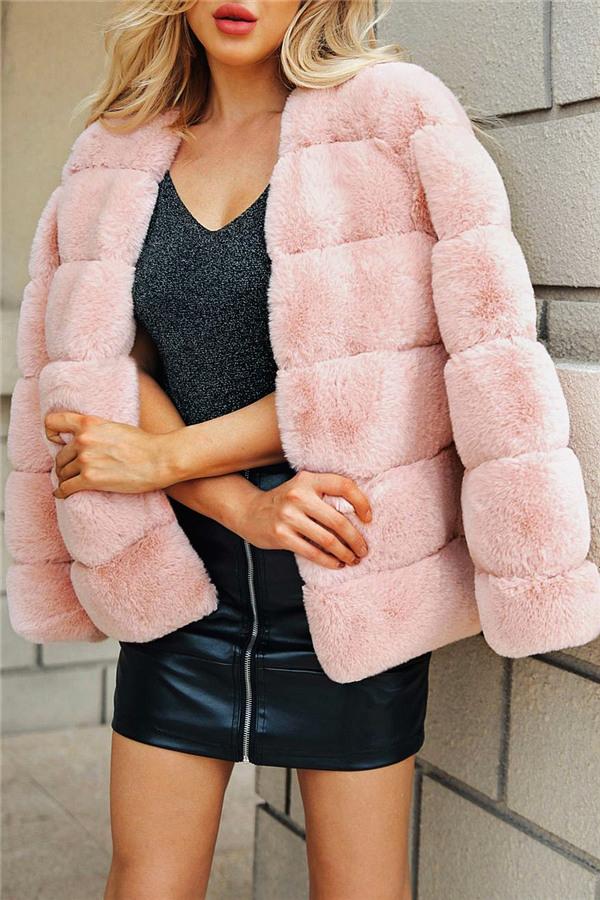 Elegant Thick Fluffy Faux Fur Coat - Dark Green Coat Simplee S Pink 