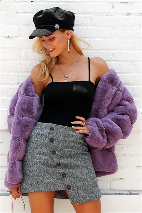 Elegant Thick Fluffy Faux Fur Coat Coat Simplee S Purple 