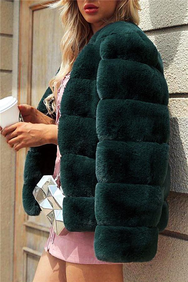 Elegant Thick Fluffy Faux Fur Coat - Dark Green Coat Simplee 