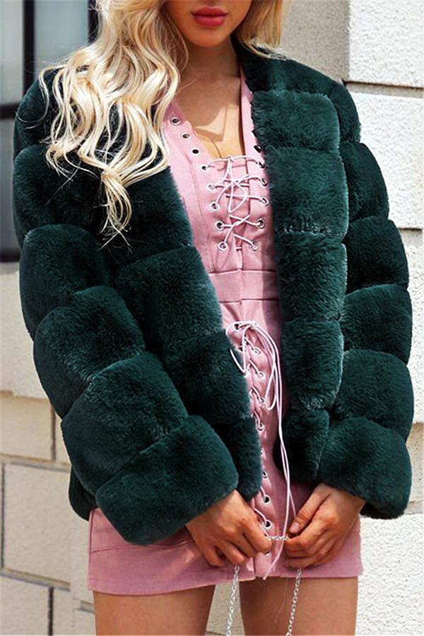 Elegant Thick Fluffy Faux Fur Coat - Pink Coat Simplee S Darkgreen 