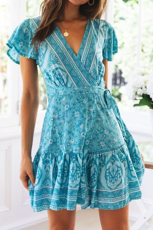 Ethnic V Neck Mini Bohemian Dress Dress 5201903111044 