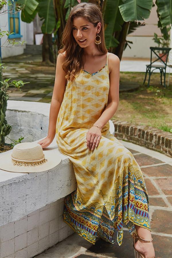 Ethnic V Neck Sleeveless Maxi Dress - Pavacat