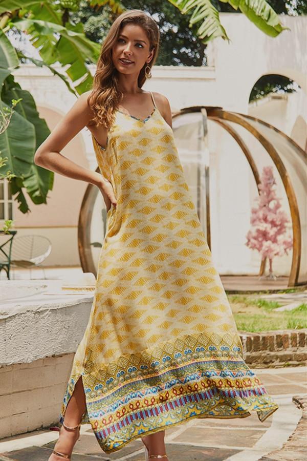 Ethnic V Neck Sleeveless Maxi Dress - Pavacat