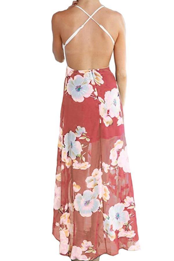 Floral Backless Criss-cross Irregular Dress Dress 5201904110331 