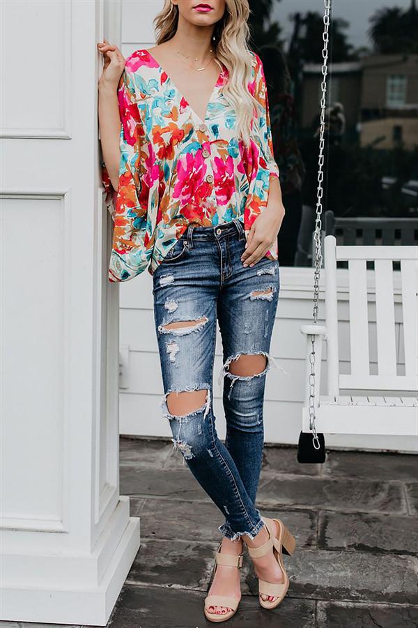 Floral Batwing Sleeve Buttons Top Blouses & Shirts 5201904110309 