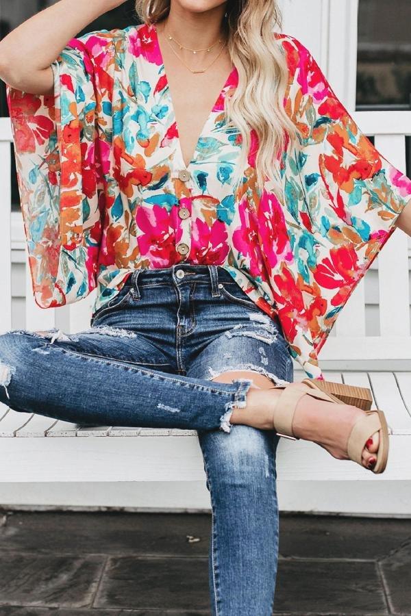 Floral Batwing Sleeve Buttons Top Blouses & Shirts 5201904110309 