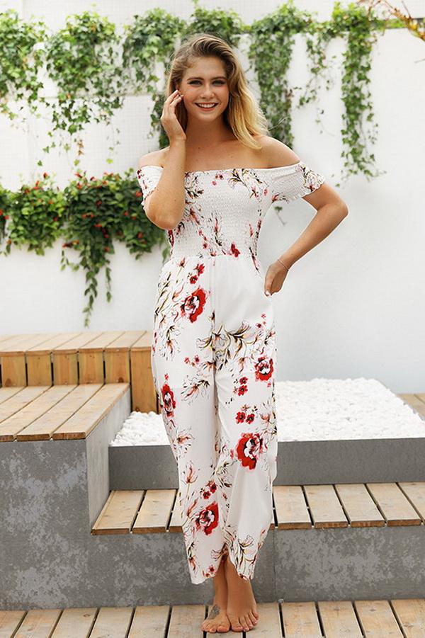 Floral Off Shoulder Smocked Jumpsuit - Pavacat