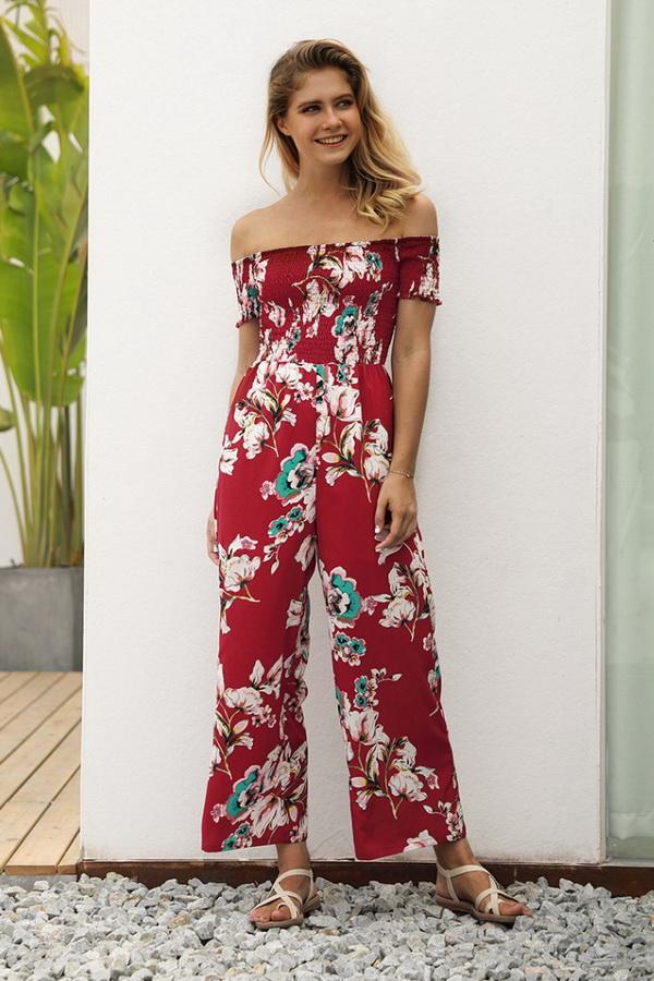 Floral Off Shoulder Smocked Jumpsuit - Pavacat