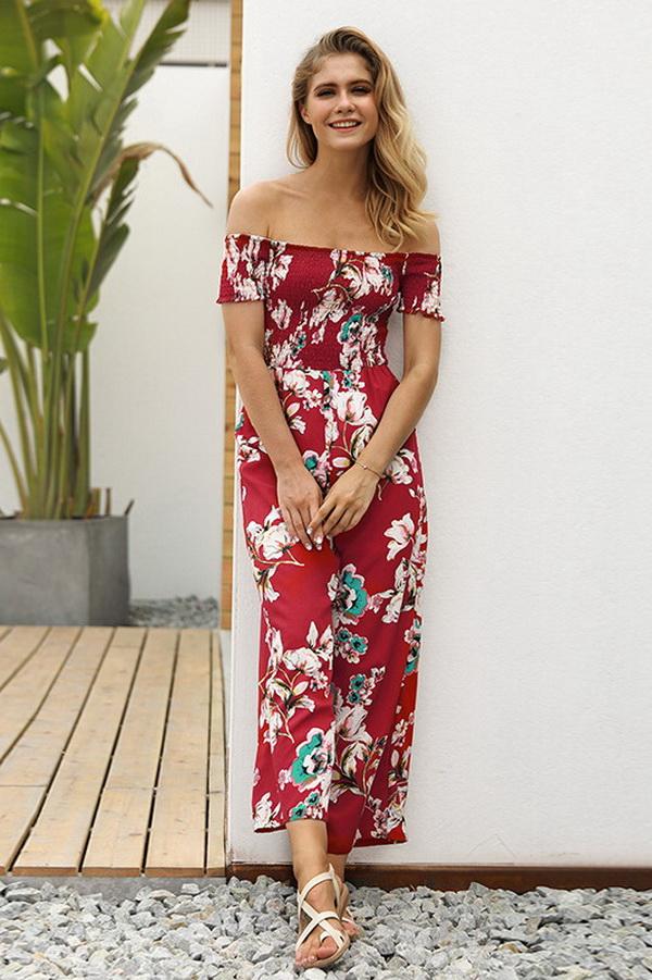 Floral Off Shoulder Smocked Jumpsuit - Pavacat