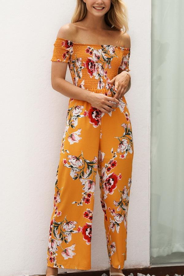 Floral Off Shoulder Smocked Jumpsuit - Pavacat