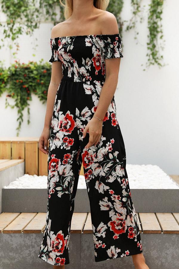 Floral Off Shoulder Smocked Jumpsuit - Pavacat