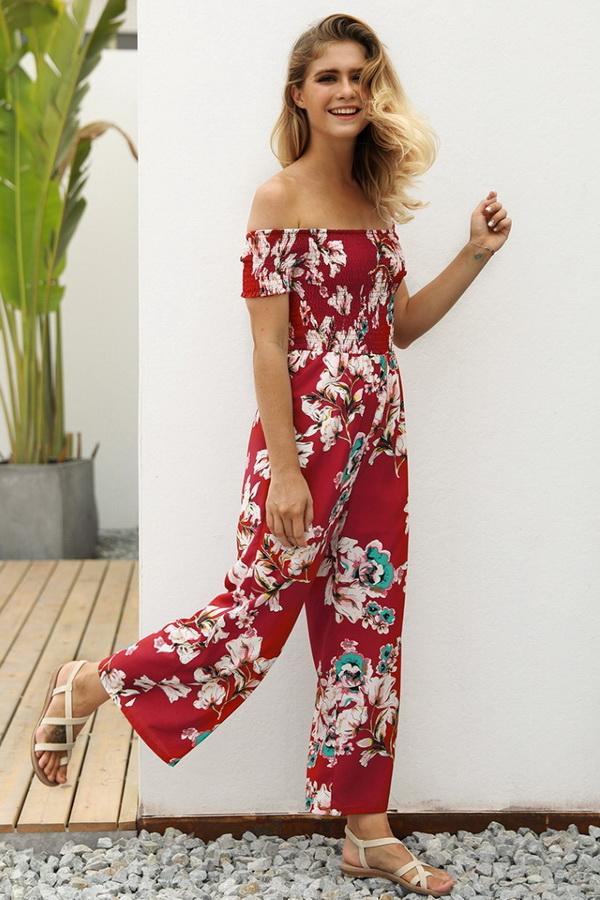 Floral Off Shoulder Smocked Jumpsuit - Pavacat