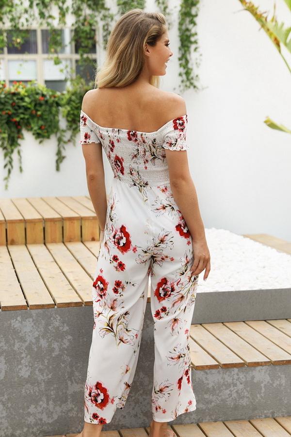 Floral Off Shoulder Smocked Jumpsuit - Pavacat