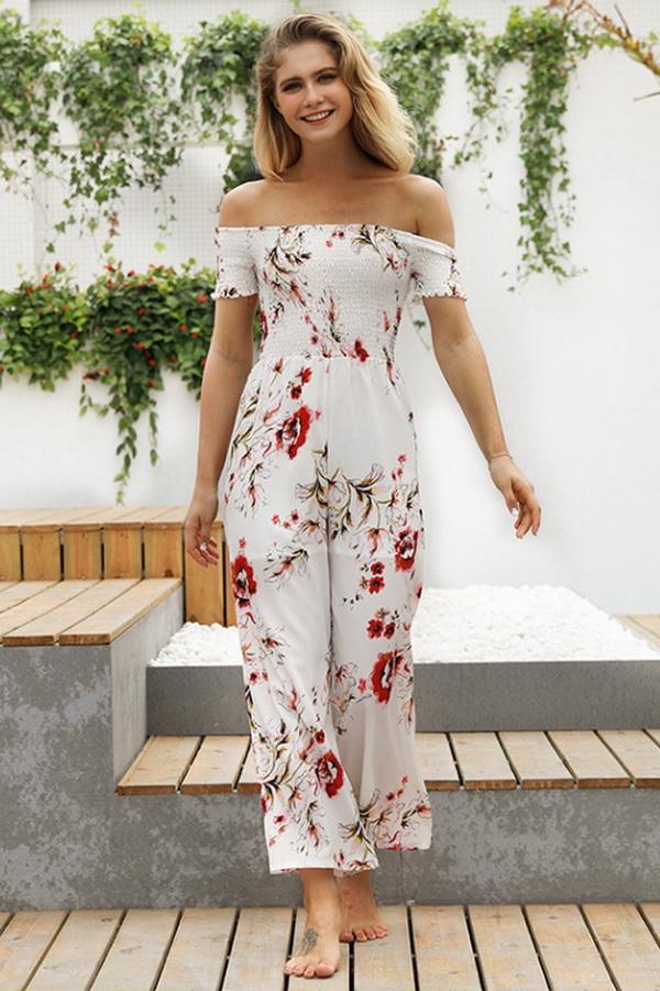 Floral Off Shoulder Smocked Jumpsuit - Pavacat