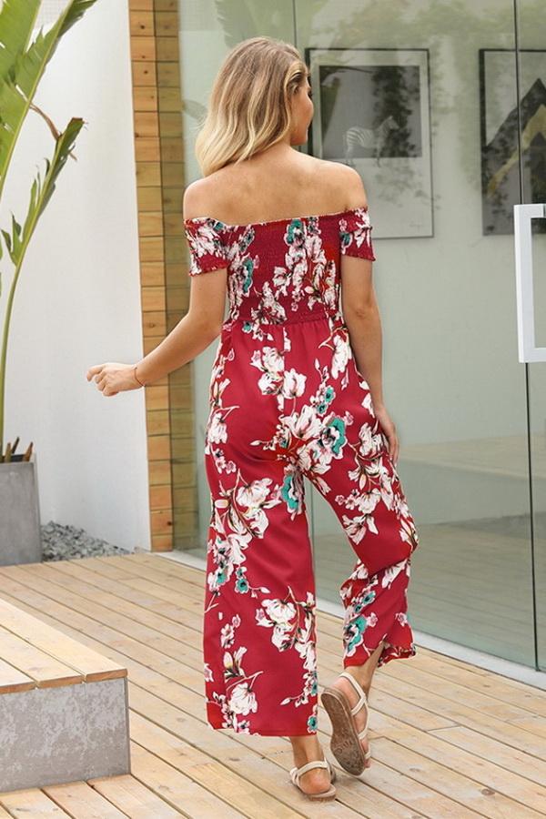 Floral Off Shoulder Smocked Jumpsuit - Pavacat