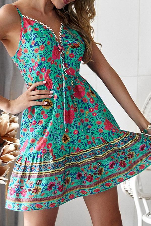 Floral Print V Neck Bohemian Dress - Pavacat