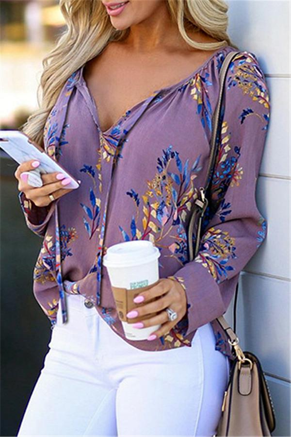 Floral V Neck Lace Up Blouse Blouses & Shirts 5201901201215 