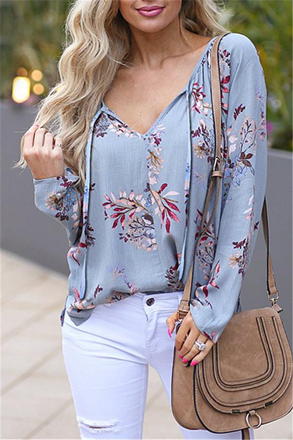 Floral V Neck Lace Up Blouse Blouses & Shirts 5201901201215 