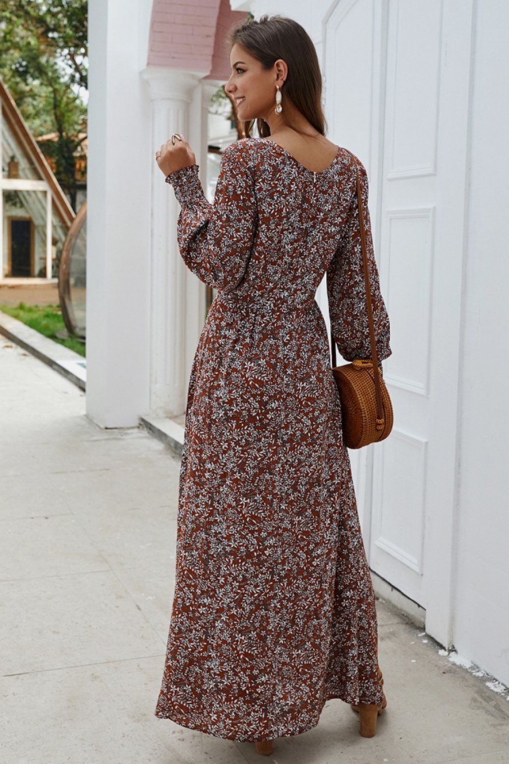 Floral V Neck Long-sleeved Mid Dress - Pavacat