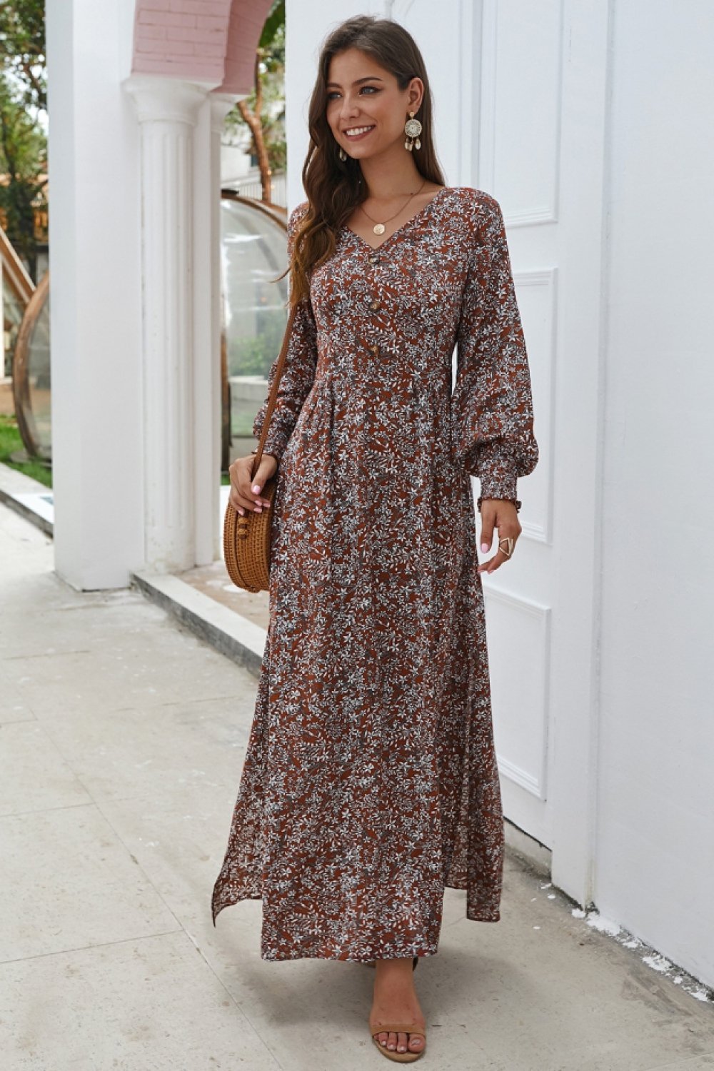 Floral V Neck Long-sleeved Mid Dress - Pavacat