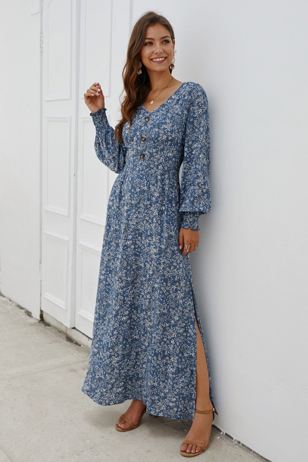 Floral V Neck Long-sleeved Mid Dress - Pavacat