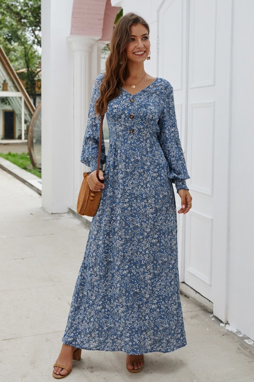 Floral V Neck Long-sleeved Mid Dress - Pavacat