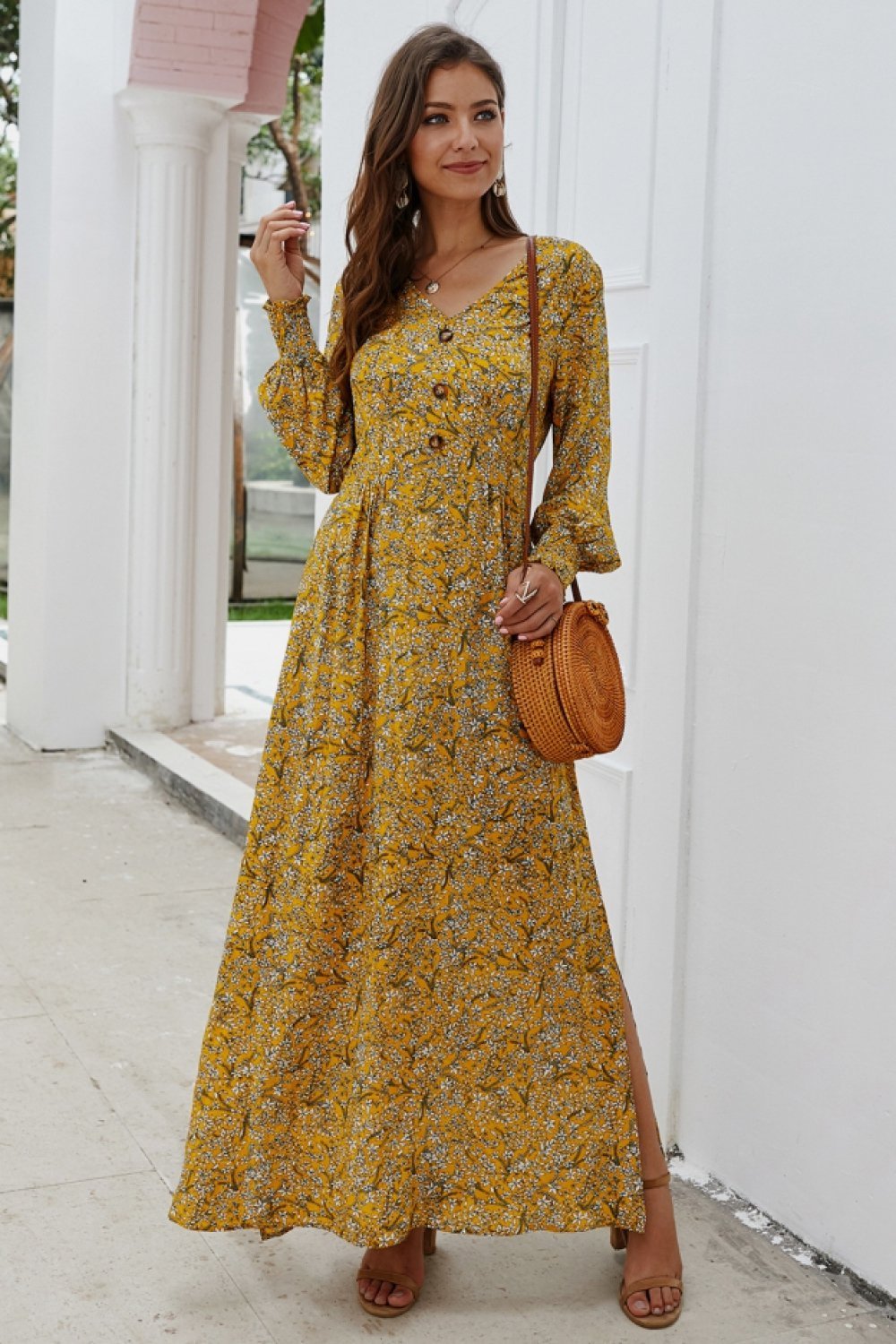 Floral V Neck Long-sleeved Mid Dress - Pavacat