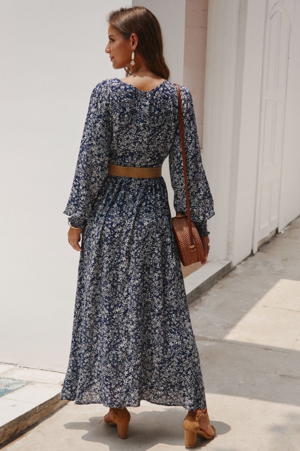 Floral V Neck Long-sleeved Mid Dress - Pavacat