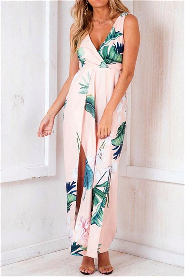 Floral V Neck Slit Jumpsuit Jumpsuits & Rompers 5201812281531 