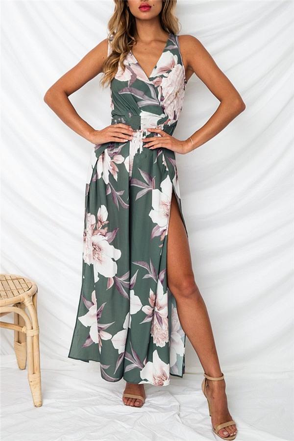 Floral V Neck Slit Jumpsuit Jumpsuits & Rompers 5201812281531 L green 