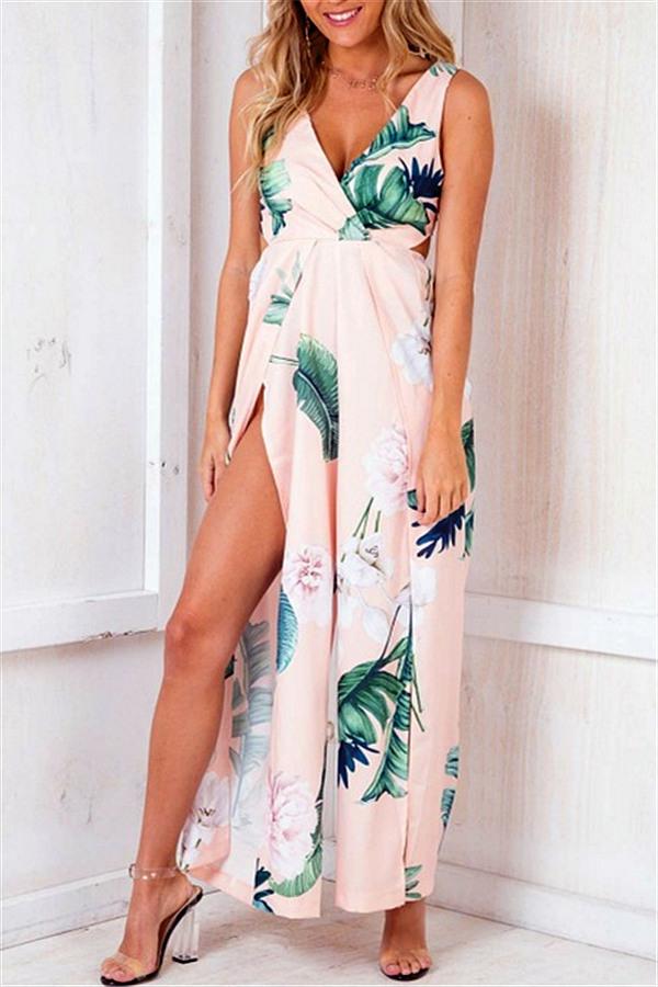 Floral V Neck Slit Jumpsuit Jumpsuits & Rompers 5201812281531 L pink 