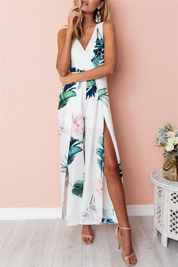 Floral V Neck Slit Jumpsuit Jumpsuits & Rompers 5201812281531 L white 